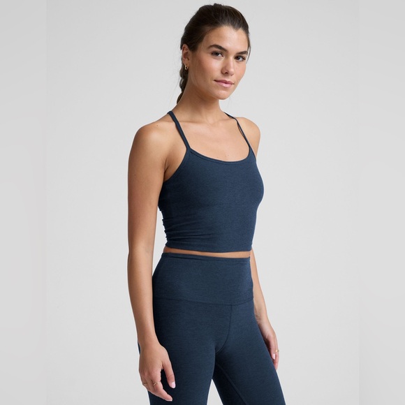 BEYOND YOGA SPACEDYE RACERBACK CROP TANK NAVY XS BNWT ATHLEISURE - Picture 2 of 6